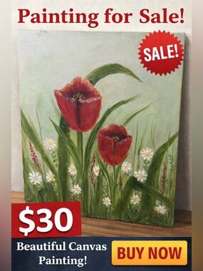 Hand Painted Floral Canvas Art - Red Tulips & Wildflower